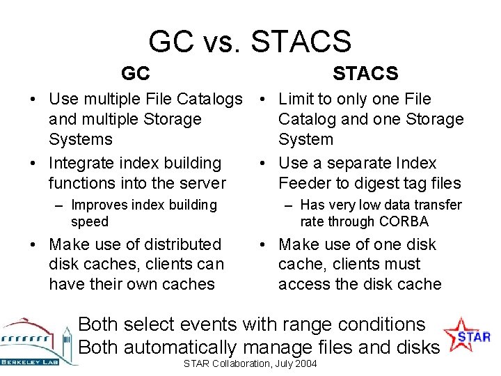 GC vs. STACS GC STACS • Use multiple File Catalogs • Limit to only