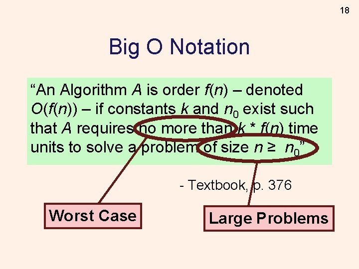 18 Big O Notation “An Algorithm A is order f(n) – denoted O(f(n)) –
