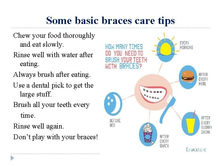 Some basic braces care tips Chew your food thoroughly and eat slowly. Rinse well
