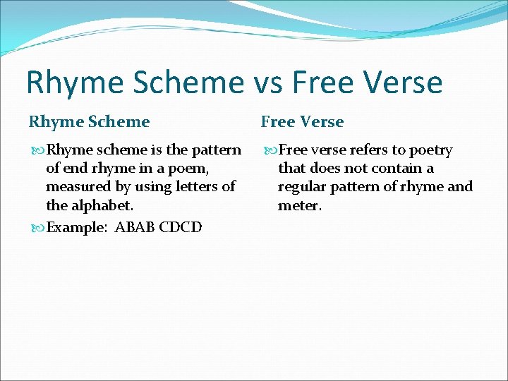 Rhyme Scheme vs Free Verse Rhyme Scheme Free Verse Rhyme scheme is the pattern