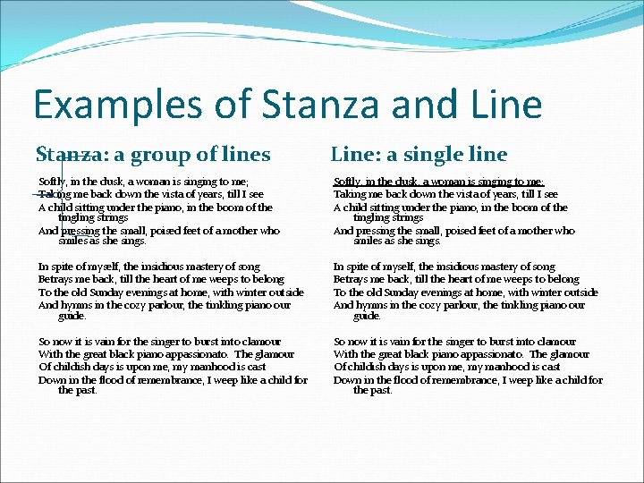 Examples of Stanza and Line Stanza: a group of lines Line: a single line