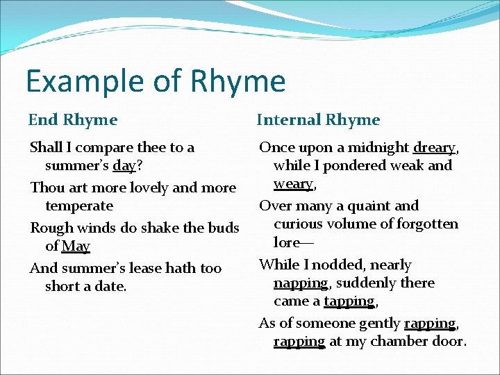 Example of Rhyme End Rhyme Internal Rhyme Shall I compare thee to a summer’s
