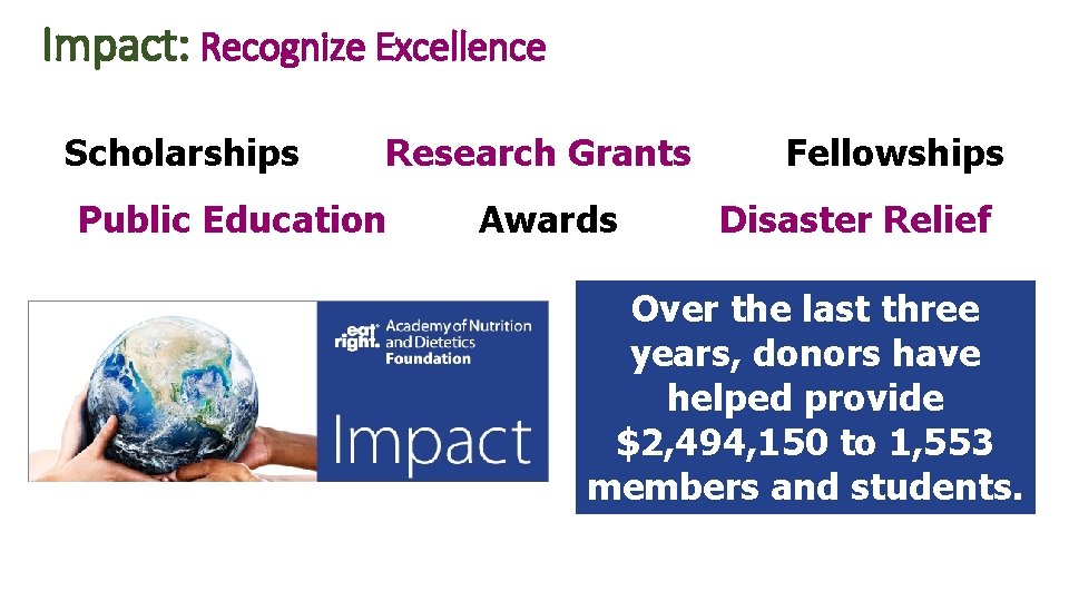 Impact: Recognize Excellence Scholarships Research Grants Public Education Awards Fellowships Disaster Relief Over the