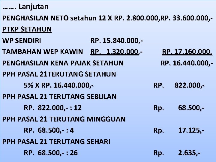 ……. Lanjutan PENGHASILAN NETO setahun 12 X RP. 2. 800. 000, RP. 33. 600.