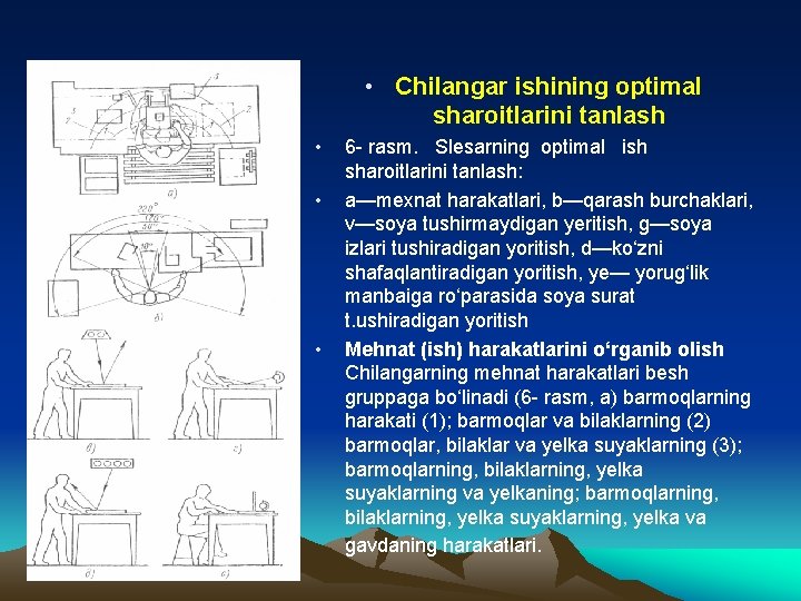 • Chilangar ishining optimal sharoitlarini tanlash • • • 6 - rasm. Slesarning • Chilangar ishining optimal sharoitlarini tanlash • • • 6 - rasm. Slesarning