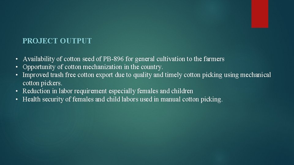 PROJECT OUTPUT • Availability of cotton seed of PB-896 for general cultivation to the