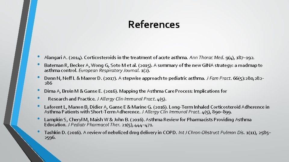 References • • Alangari A. (2014). Corticosteroids in the treatment of acute asthma. Ann