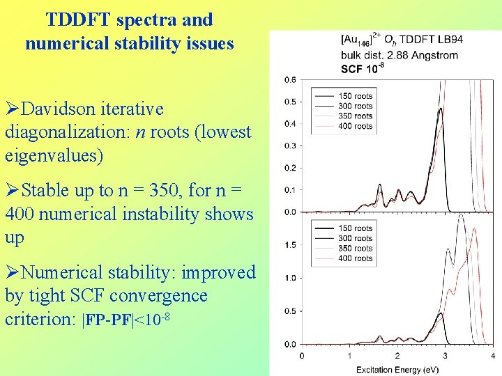 TDDFT spectra and numerical stability issues ØDavidson iterative diagonalization: n roots (lowest eigenvalues) ØStable