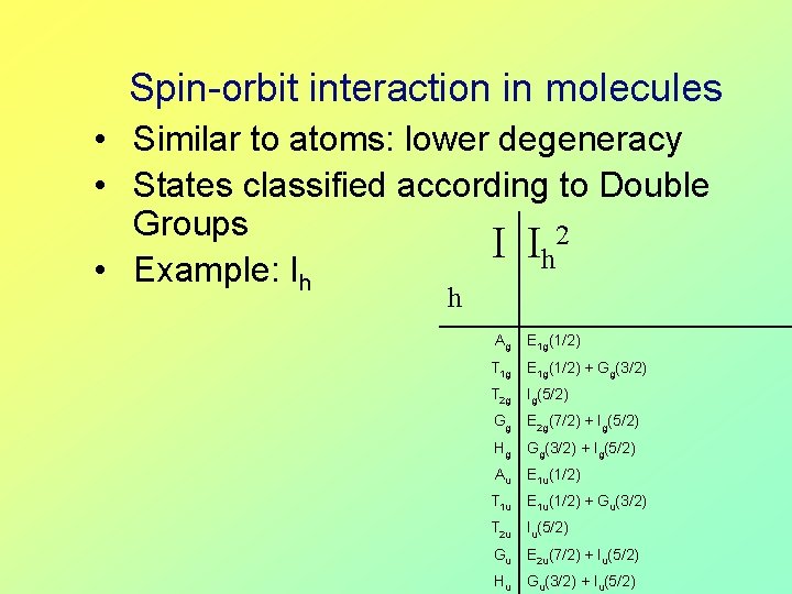Spin-orbit interaction in molecules • Similar to atoms: lower degeneracy • States classified according