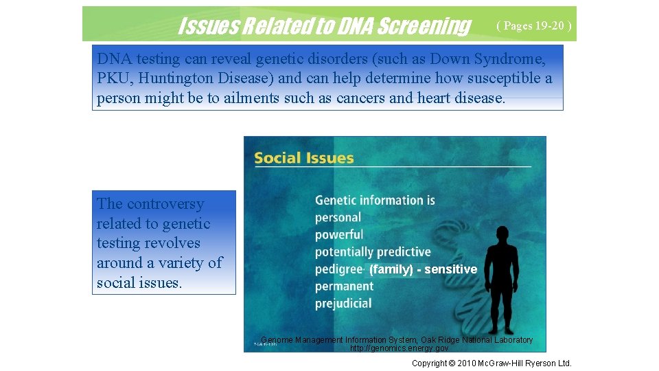 Issues Related to DNA Screening ( Pages 19 -20 ) DNA testing can reveal