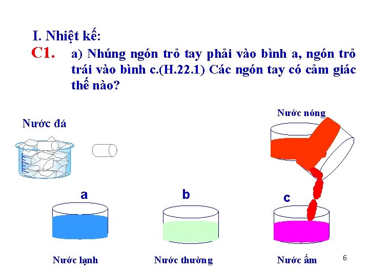 I. Nhiệt kế: C 1. a) Nhúng ngón trỏ tay phải vào bình a,