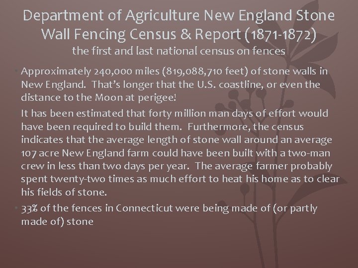 Department of Agriculture New England Stone Wall Fencing Census & Report (1871 -1872) the