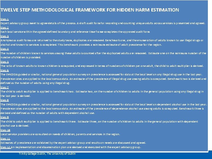 TWELVE STEP METHODOLOGICAL FRAMEWORK FOR HIDDEN HARM ESTIMATION Step 1 Expert advisory group meet TWELVE STEP METHODOLOGICAL FRAMEWORK FOR HIDDEN HARM ESTIMATION Step 1 Expert advisory group meet