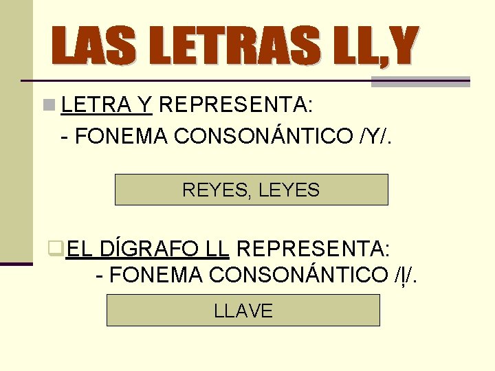 n LETRA Y REPRESENTA: - FONEMA CONSONÁNTICO /Y/. REYES, LEYES q. EL DÍGRAFO LL