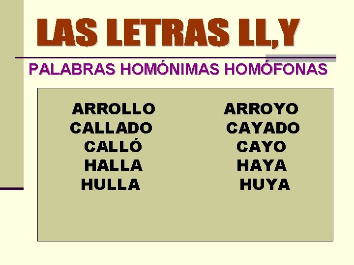 PALABRAS HOMÓNIMAS HOMÓFONAS ARROLLO CALLADO CALLÓ HALLA HULLA ARROYO CAYADO CAYO HAYA HUYA 