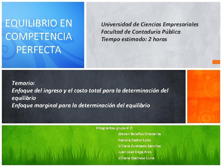 EQUILIBRIO EN COMPETENCIA PERFECTA Universidad de Ciencias Empresariales Facultad de Contaduría Pública Tiempo estimado: