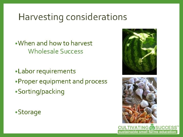 Harvesting considerations • When and how to harvest Wholesale Success • Labor requirements •
