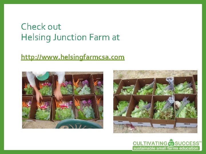 Check out Helsing Junction Farm at http: //www. helsingfarmcsa. com 