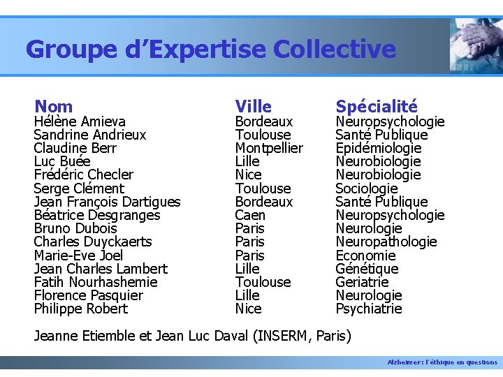 Groupe d’Expertise Collective Nom Hélène Amieva Sandrine Andrieux Claudine Berr Luc Buée Frédéric Checler