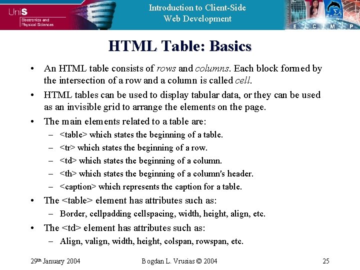 Introduction to Client-Side Web Development HTML Table: Basics • An HTML table consists of