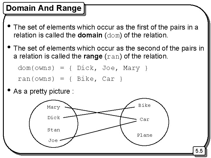 Domain And Range • The set of elements which occur as the first of