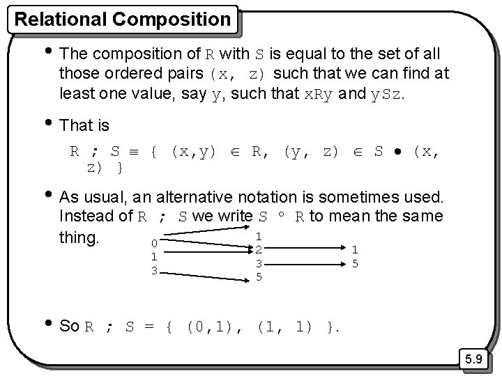 Relational Composition • The composition of R with S is equal to the set