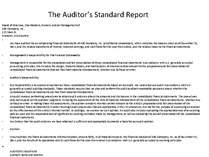 The Auditor’s Standard Report Board of Directors, Stockholders, Owners, and/or Management of ABC Company,