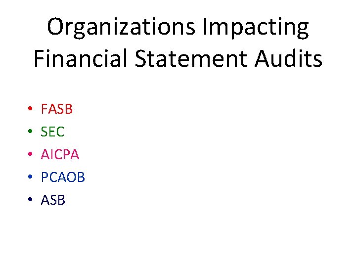 Organizations Impacting Financial Statement Audits • • • FASB SEC AICPA PCAOB ASB 