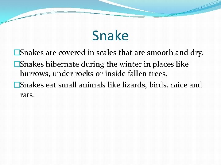 Snake �Snakes are covered in scales that are smooth and dry. �Snakes hibernate during