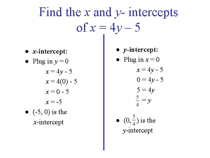 Find the x and y- intercepts of x = 4 y – 5 ●