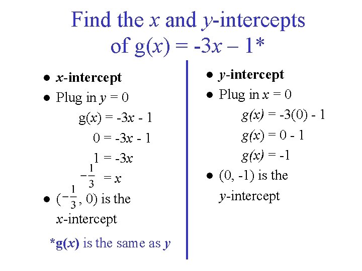 Find the x and y-intercepts of g(x) = -3 x – 1* ● x-intercept