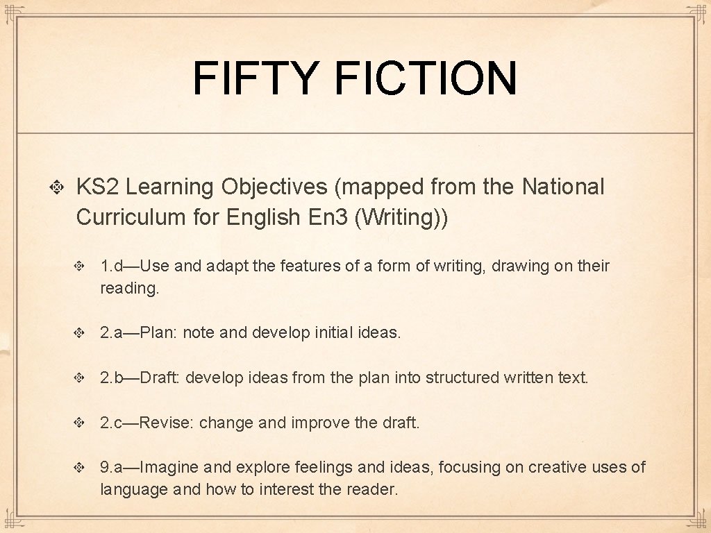 FIFTY FICTION KS 2 Learning Objectives (mapped from the National Curriculum for English En