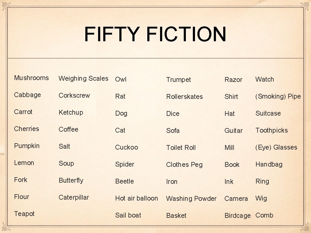 FIFTY FICTION Mushrooms Weighing Scales Owl Trumpet Razor Watch Cabbage Corkscrew Rat Rollerskates Shirt FIFTY FICTION Mushrooms Weighing Scales Owl Trumpet Razor Watch Cabbage Corkscrew Rat Rollerskates Shirt
