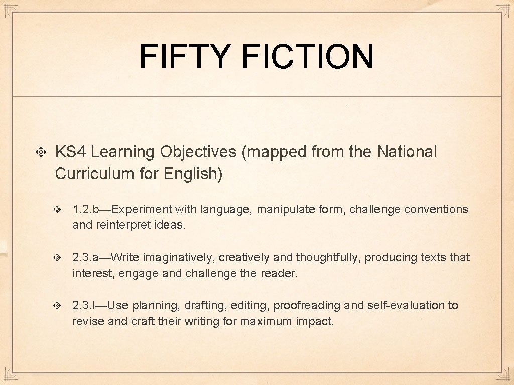 FIFTY FICTION KS 4 Learning Objectives (mapped from the National Curriculum for English) 1.