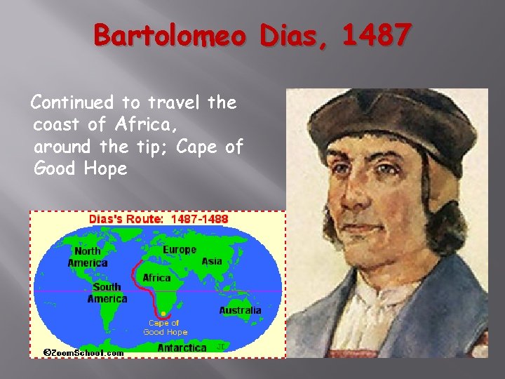 Bartolomeo Dias, 1487 Continued to travel the coast of Africa, around the tip; Cape