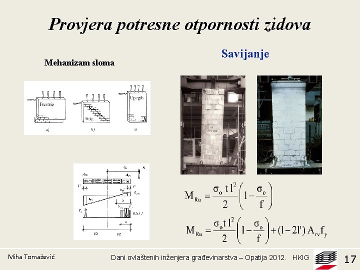 Provjera potresne otpornosti zidova Mehanizam sloma Miha Tomaževič Savijanje Dani ovlaštenih inženjera građevinarstva –