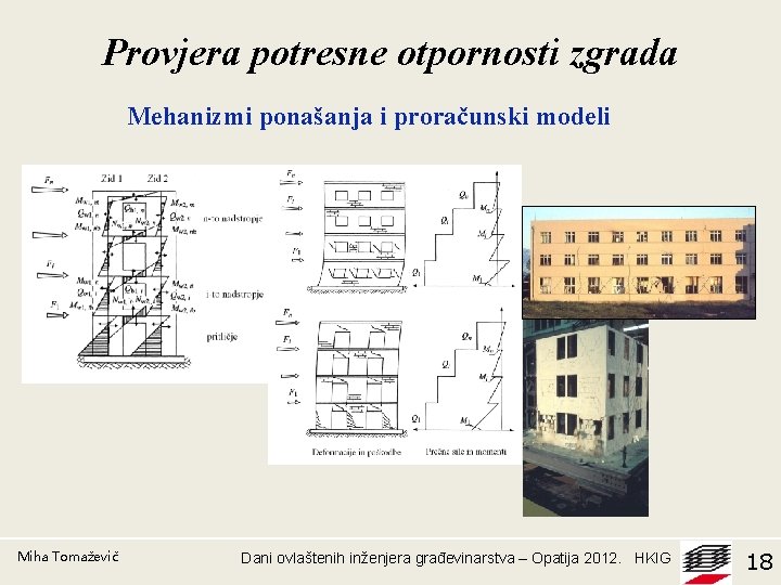 Provjera potresne otpornosti zgrada Mehanizmi ponašanja i proračunski modeli Miha Tomaževič Dani ovlaštenih inženjera