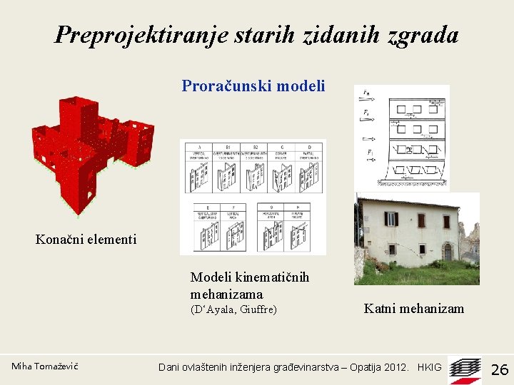 Preprojektiranje starih zidanih zgrada Proračunski modeli Konačni elementi Modeli kinematičnih mehanizama (D‘Ayala, Giuffre) Miha