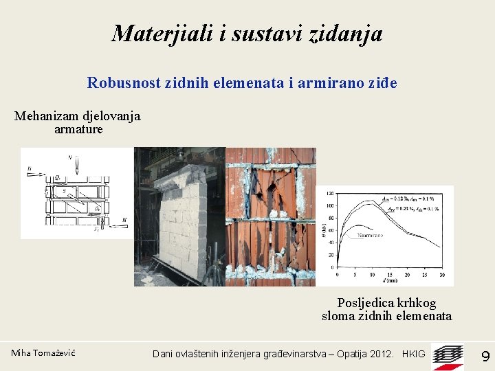 Materjiali i sustavi zidanja Robusnost zidnih elemenata i armirano ziđe Mehanizam djelovanja armature Posljedica