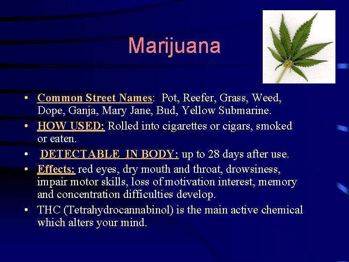 Marijuana • Common Street Names: Pot, Reefer, Grass, Weed, Dope, Ganja, Mary Jane, Bud,