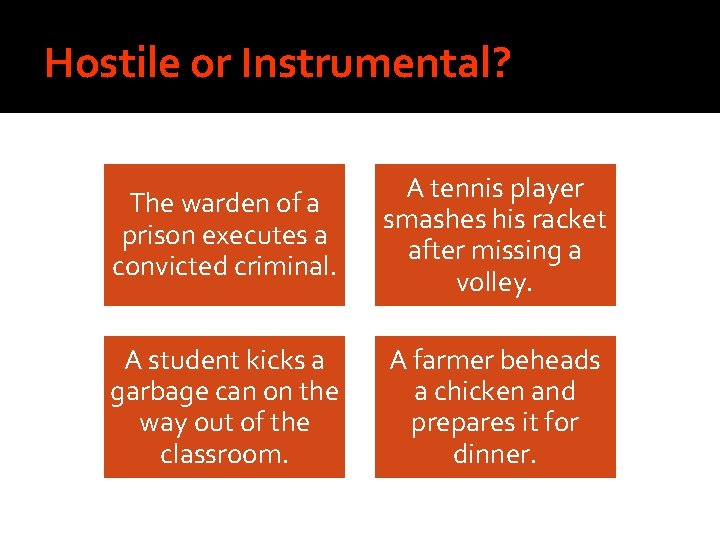 Hostile or Instrumental? The warden of a prison executes a convicted criminal. A tennis
