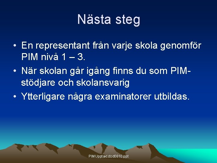 Nästa steg • En representant från varje skola genomför PIM nivå 1 – 3.