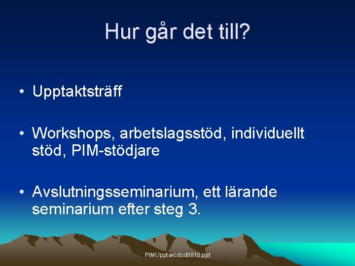 Hur går det till? • Upptaktsträff • Workshops, arbetslagsstöd, individuellt stöd, PIM-stödjare • Avslutningsseminarium,