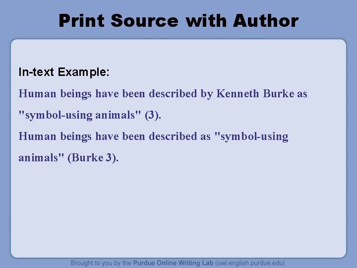 Print Source with Author In-text Example: Human beings have been described by Kenneth Burke