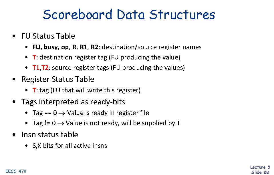 Scoreboard Data Structures • FU Status Table • FU, busy, op, R, R 1,