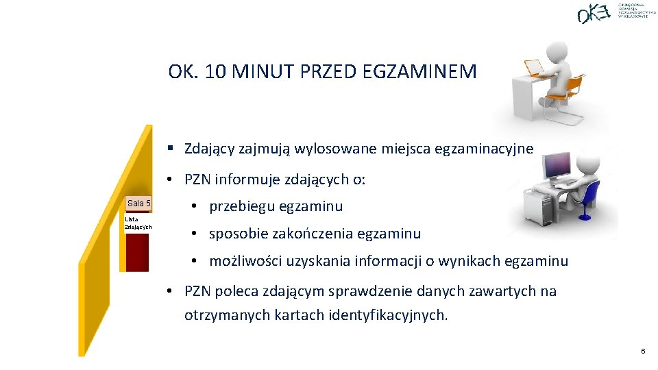 OK. 10 MINUT PRZED EGZAMINEM § Zdający zajmują wylosowane miejsca egzaminacyjne • PZN informuje