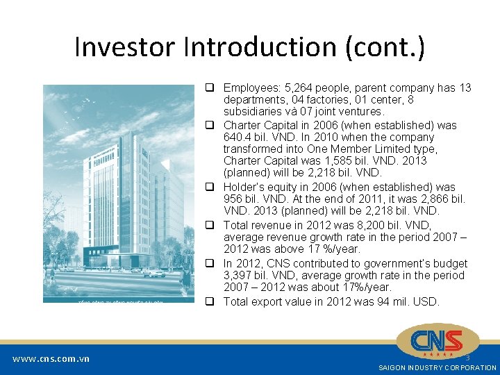 Investor Introduction (cont. ) q Employees: 5, 264 people, parent company has 13 departments,