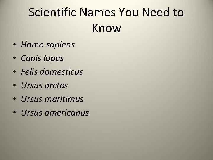 Scientific Names You Need to Know • • • Homo sapiens Canis lupus Felis