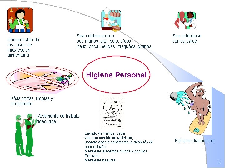 Responsable de los casos de intoxicación alimentaria Sea cuidadoso con sus manos, piel, pelo,