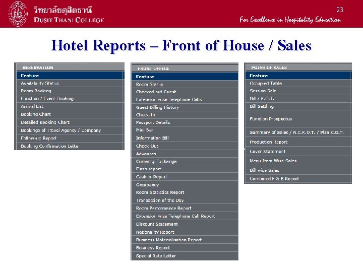 23 Hotel Reports – Front of House / Sales 